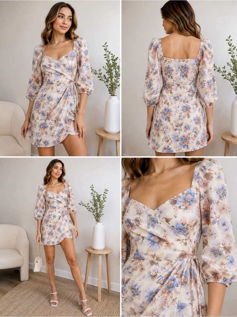 Altar'd State Cream and Blue Floral Wrap Mini Dress